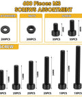 600 Pcs M3 Screws Set With Black Alloy Steel M3x6 to M30mm Screws, 12.9 Alloy Nuts, Bolts, Washers, Hex Socket Head displayed in box.
