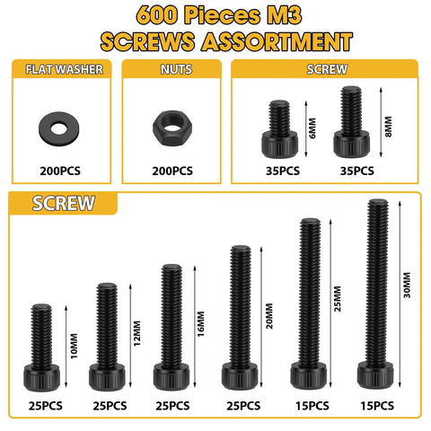 600 Pcs M3 Screws Set With Black Alloy Steel M3x6 to M30mm Screws, 12.9 Alloy Nuts, Bolts, Washers, Hex Socket Head displayed in box.