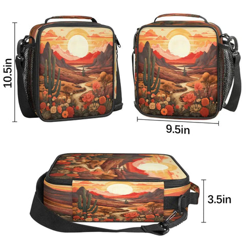 Desert Flower Cactus Insulated Lunch Bag Tote With Leakproof Cooler Waterproof Reusable Thermal Food Bag, 9.5x10.5x3.5 inches