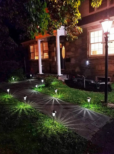 Bronze Solar Path Light Set Of 6 With Glass Lens and super bright LED illuminating a garden walkway at night.