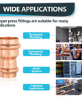 30 Pack Heavy Duty Copper Press Fit Coupling Reducer 1 1 2 Inch By 3 4 Inch Plumbing Connector Leak Proof Pressure Fitting for various applications.