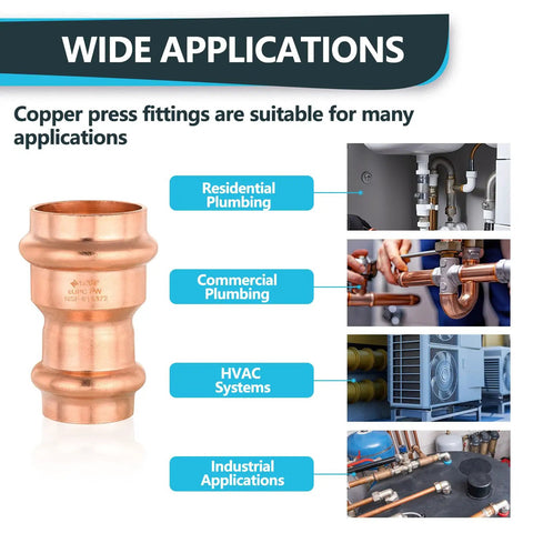 30 Pack Heavy Duty Copper Press Fit Coupling Reducer 1 1 2 Inch By 3 4 Inch Plumbing Connector Leak Proof Pressure Fitting for various applications.