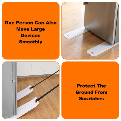Two Pack Long Appliance Sliders with Pull Straps Furniture Moving Mats 8 by 60 Inches gliding appliance on hardwood floor