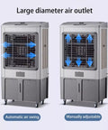 Portable Evaporative Swamp Cooler With Four Ice Cold Packs Three Whisper Quiet Fan Speeds And Sturdy Smooth Rollers showing large air outlet and adjustable fan options.