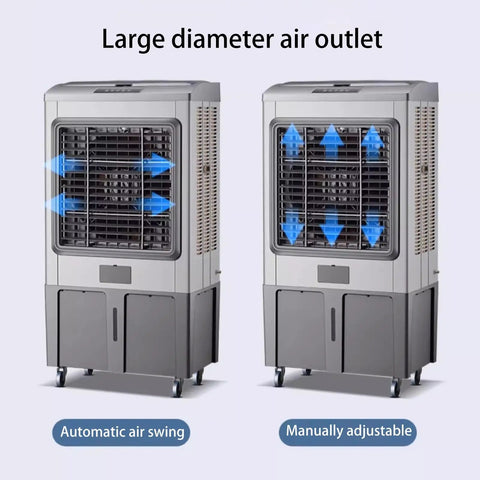 Portable Evaporative Swamp Cooler With Four Ice Cold Packs Three Whisper Quiet Fan Speeds And Sturdy Smooth Rollers showing large air outlet and adjustable fan options.