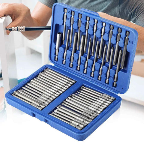 Top Tier 50 Pc Screwdriver Bits Set Made Of High Carbon Steel For Power Tools And Home DIY Projects. Durable Hex Phillips Flat Head Drill Bit Kit With Heat Treated Surface To Prevent Stripping And Last Forever. Open blue case with 50 steel screwdriver bits