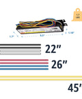 Electronic T12 Fluorescent Ballast For 2 Lamps 59/71W 120V Black Finish Pro Grade Efficiency with wire lengths and size details