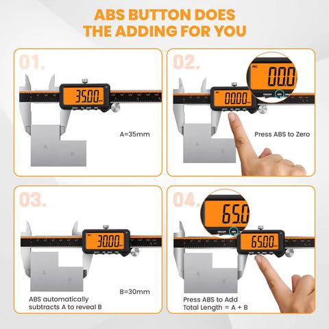 Rechargeable Digital Caliper With Large Orange Screen Anti Glare LCD ABS Function 6 Inch Caliper Measuring Tool In MM demonstration