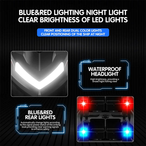 Close-up of LED lights on Pro RC Fishing Bait Boat With Four Bait Holders, 1640ft Remote Range, highlighting blue and red lighting.