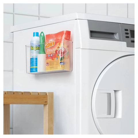 Clear Plastic Wall Mount Organizer For Kitchen Bathroom Office Garage And Craft Room Versatile Wall Mounted Storage Box To Hold Spices Meds Gadgets Toiletries And Small Items Keeps Your Pad Tidy Three Point Five By Eleven By Six Point Five Inches holding cleaning products on washing machine