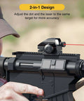 2-in-1 design showing 1x22x33 Reflex Sight with Red and Green Dot Reticle, 4 Reticle Modes, 2mW Red Laser on rifle