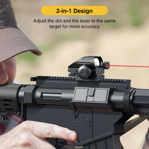 2-in-1 design showing 1x22x33 Reflex Sight with Red and Green Dot Reticle, 4 Reticle Modes, 2mW Red Laser on rifle