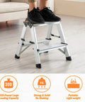 Person standing on Two Step Folding Stool For Home And Garage, Lightweight Aluminum Two Step Ladder Supports Up To 330 Lbs