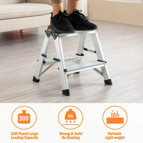 Person standing on Two Step Folding Stool For Home And Garage, Lightweight Aluminum Two Step Ladder Supports Up To 330 Lbs