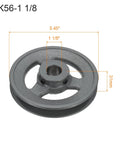 Beefy Single Groove V Belt Sheave For 4L Or A Belts One-Eighth Inch Bore 5.45 Inch Outer Diameter Cast Iron Web Sheave Bored-To-Size With Standard Keyway And Hollow Head Set Screws Heavy Duty Wear-Resistant Drive Component. Cast iron single-groove pulley, 5.45 in OD, 1 1/8 in bore