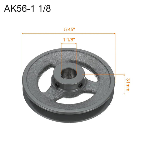 Beefy Single Groove V Belt Sheave For 4L Or A Belts One-Eighth Inch Bore 5.45 Inch Outer Diameter Cast Iron Web Sheave Bored-To-Size With Standard Keyway And Hollow Head Set Screws Heavy Duty Wear-Resistant Drive Component. Cast iron single-groove pulley, 5.45 in OD, 1 1/8 in bore