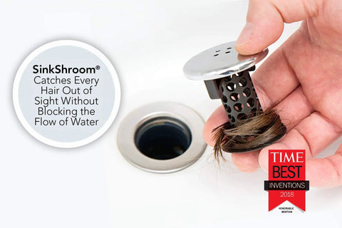 Sick Performance Bathroom Sink Drain Protector Hair Catcher with universal sink stopper in use, catching hair without blocking water.