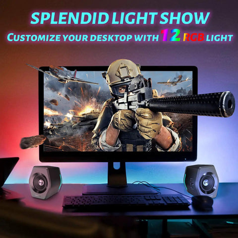 Gaming setup with monitor and 32W PC Gaming Speakers With RGB Lights for Laptop Mac or Desktop, on desk, soldier on screen