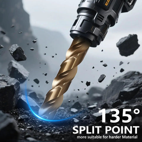 Close-up of drill from 29-Piece M35 Cobalt Drill Bit Set For Steel And Hardened Metals, demonstrating 135-degree split point on rock.