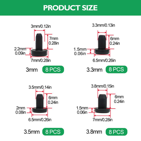 Diagram of Four Sizes T Shaped Silicone Plugs 3.0 MM, 3.3 MM, 3.5 MM And 3.8 MM 0.125 Inch Soft Flexible Rubber Stopper End Caps