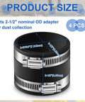 4 Piece 2-1/2 Inch Dust Control Flex Cuffs With Stainless Steel Hose Clamps And Flexible PVC Couplings For Plastic And Copper Plumbing Connections Heavy Duty Dust Collection Fittings Set For Quick No Fuss Setups, product size with dimensions shown.