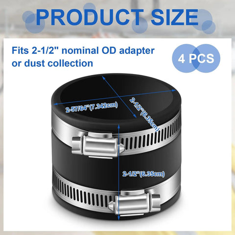 4 Piece 2-1/2 Inch Dust Control Flex Cuffs With Stainless Steel Hose Clamps And Flexible PVC Couplings For Plastic And Copper Plumbing Connections Heavy Duty Dust Collection Fittings Set For Quick No Fuss Setups, product size with dimensions shown.