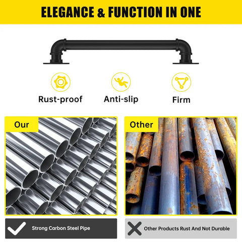 Industrial Style Black Iron Pipe Staircase Handrail For Indoor And Outdoor Use Heavy Duty Steel Balcony Railing shown with rust-proof carbon steel.