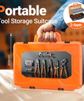 Ratcheting Crimp Tool Kit For AWG 28 To 16 And 0.08 To 1.5 Millimeter Square Connectors with orange portable case, tools visible.