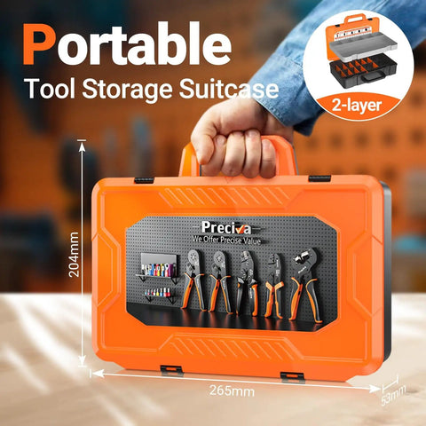Ratcheting Crimp Tool Kit For AWG 28 To 16 And 0.08 To 1.5 Millimeter Square Connectors with orange portable case, tools visible.