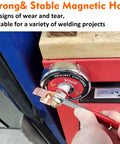 Beefy 500 Amp Magnetic Welding Ground Clamp With 3.34 Inch Quick Release Magnetic Mount attached to metal cabinet