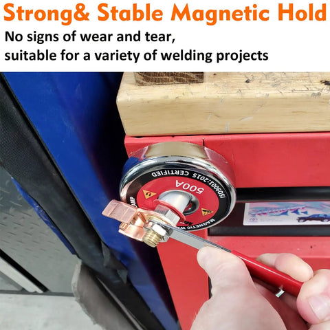 Beefy 500 Amp Magnetic Welding Ground Clamp With 3.34 Inch Quick Release Magnetic Mount attached to metal cabinet