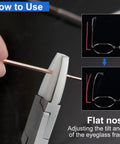Pro Grade 6 Inch Nylon Jaw Round And Flat Nose Pliers For Eyeglasses Adjustment Straight Up Solid Glasses Repair Tool Kit With Mini Precision Screwdriver in use on eyeglasses.