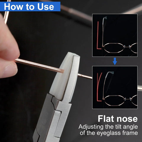 Pro Grade 6 Inch Nylon Jaw Round And Flat Nose Pliers For Eyeglasses Adjustment Straight Up Solid Glasses Repair Tool Kit With Mini Precision Screwdriver in use on eyeglasses.