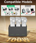 100W Mini Parallel Charging Hub For DJI Mini 5 4 3 Series And SKYROVER X1 Drone Batteries Charge 3 Batteries At Once USB C Pass Through Storage LED Alarm Plus Super Fast 47 To 72 Minute 3 Battery Charging with models compatibility shown.