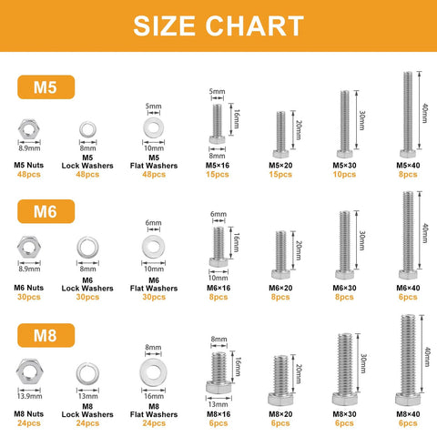 VIGRUE 408pc M5/M6/M8 bolts and nuts assortment size chart showing counts for nuts, washers and bolt lengths.