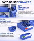 Close-up of blue easy-to-use drawers with anti-detachment design and built-in dividers for organization in heavy-duty alloy steel tool storage cabinet.