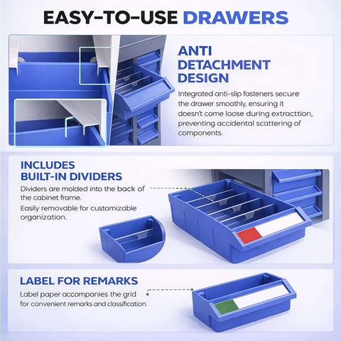 Close-up of blue easy-to-use drawers with anti-detachment design and built-in dividers for organization in heavy-duty alloy steel tool storage cabinet.