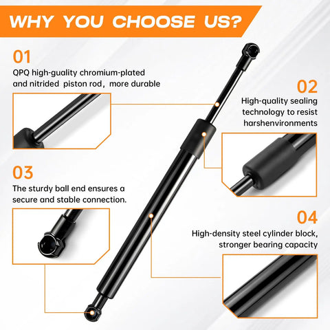 Features of Ford F150 Tailgate Assist Shock Kit With Slow Down Damper, showcasing durable chromium-plated piston rod and ball end.
