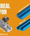 Top Notch T Track Knob Kit With Seven Star Knobs One Quarter Twenty Threaded Bolts And Washers Includes T Bolts And Storage Case For Universal T Track And Double Cut Systems Perfect For Woodworking Jigs And Fixtures showing knob on heavy duty T-track and examples of double cut and double T-track profiles