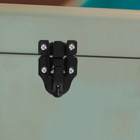 Retro Metal Toggle Hasp Latch Set With Lock Hole 6 Pack for wooden and metal boxes, shown on a metal surface.