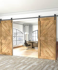 Heavy Duty Black Barn Door Hardware Kit For Double Sliding Doors 12 Ft Carbon Steel J Shape Track Easy Install For 72 Inch Closet Panel Built To Last Rail System With Smooth Rolling Operation Ideal For Home showcasing installed wooden doors in an office setting.
