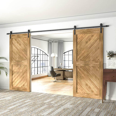 Heavy Duty Black Barn Door Hardware Kit For Double Sliding Doors 12 Ft Carbon Steel J Shape Track Easy Install For 72 Inch Closet Panel Built To Last Rail System With Smooth Rolling Operation Ideal For Home showcasing installed wooden doors in an office setting.