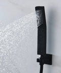 Top Shelf 16 Square Led Shower System With Brushed Nickel Thermostatic Controls For Rainfall Mist And Handheld Sprayers Heavy Duty Stainless Steel Frame With Temp Sensing Color Lights handheld sprayer releasing water stream.