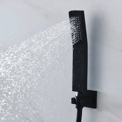 Top Shelf 16 Square Led Shower System With Brushed Nickel Thermostatic Controls For Rainfall Mist And Handheld Sprayers Heavy Duty Stainless Steel Frame With Temp Sensing Color Lights handheld sprayer releasing water stream.