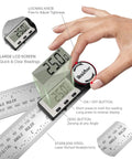 Kickass Digital Angle Finder And Protractor 7 Inch Stainless Steel Measuring Ruler with LCD showing 25 degrees and adjustable features.