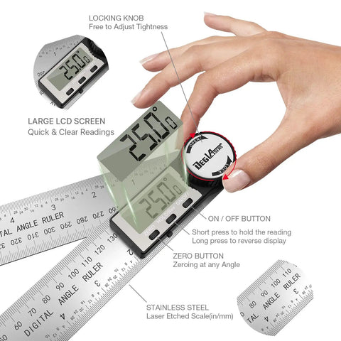 Kickass Digital Angle Finder And Protractor 7 Inch Stainless Steel Measuring Ruler with LCD showing 25 degrees and adjustable features.