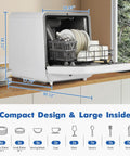 No Sweat Setup Portable Countertop Dishwasher With Five Liter Tank shows designed for compact spaces with dishes and utensils inside.