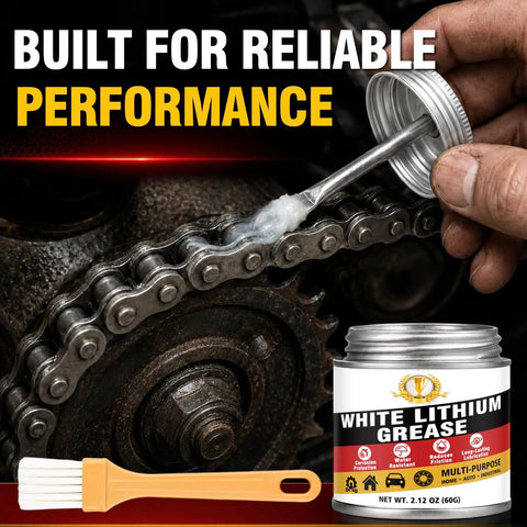 Applying heavy duty lithium grease with built-in brush to chain, reduces wear and friction, ideal for home and industrial use.