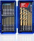 Highfire 22-piece hex shank drill bit set for impact driver in blue case with titanium-coated HSS bits, Amazon brand
