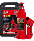 Front view of red Torin Big Red 4-ton hydraulic bottle jack with carrying case.
